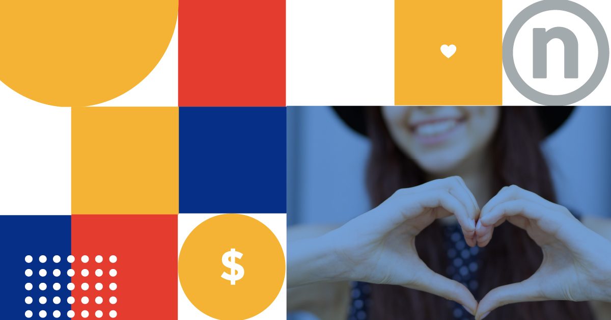 Nelnet's United Way Campaign-branded photo featuring red, blue, yellow, and white squares with hearts and dollar signs, featuring a woman making a heart with her hands