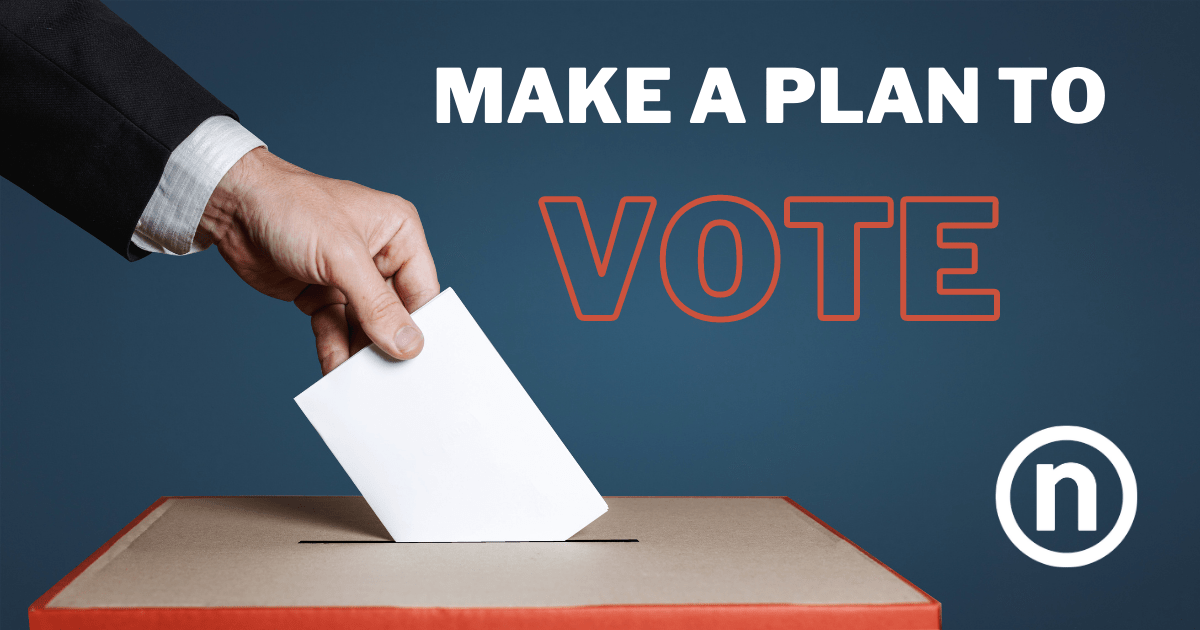 How to Vote - Photo of a hand dropping a ballot into a box under "Make a Plan to Vote" text.